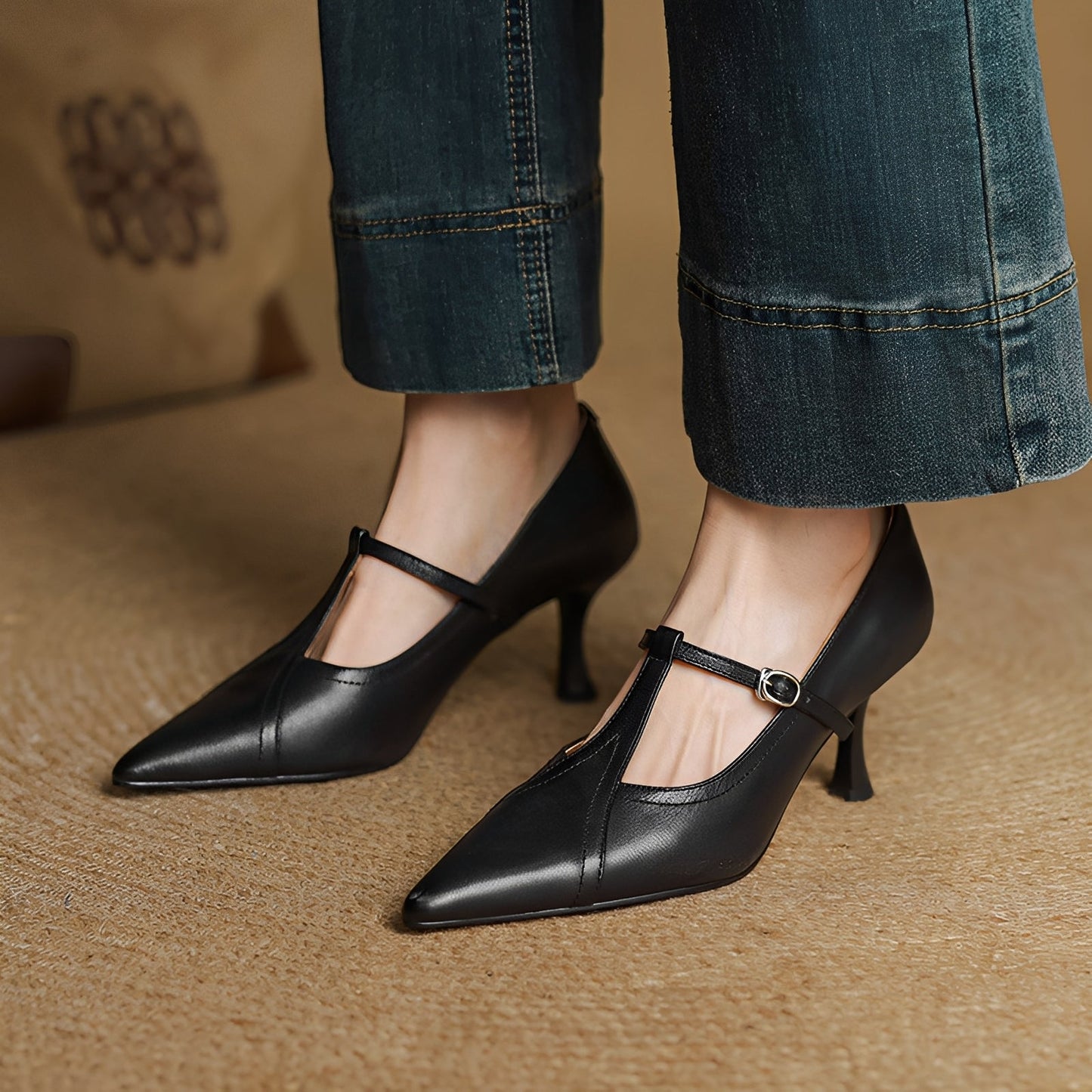 Josie - Stylové dámské kožené high-heels s T-přezkou