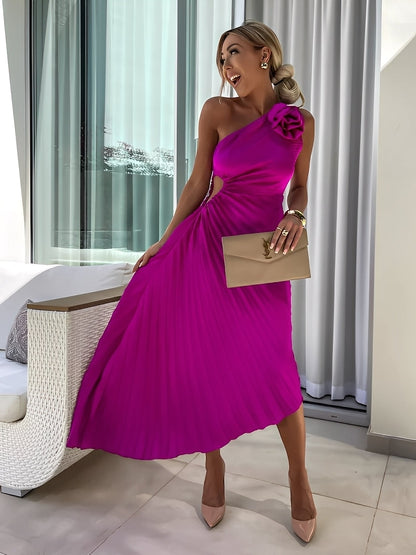 Rachael - Stylové skládáním zdobené šaty s květinovým ramenem pro ženy