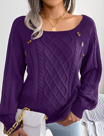 Sally - Dámský módní pletený svetr s ozdobným knoflíkovým vzorem