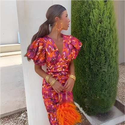 Gaëlle - Dámské barevné šaty s plisovanými rukávy