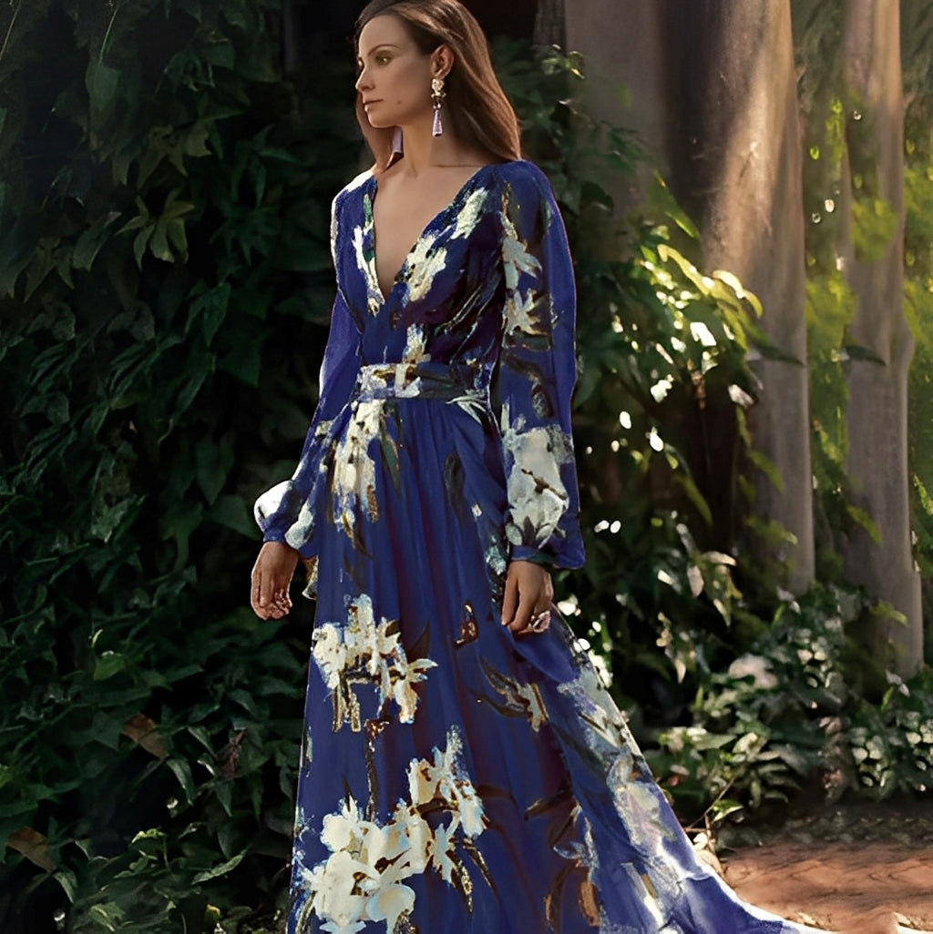 Karine - Dlouhé šaty s V výstřihem pro ženy, plné elegance