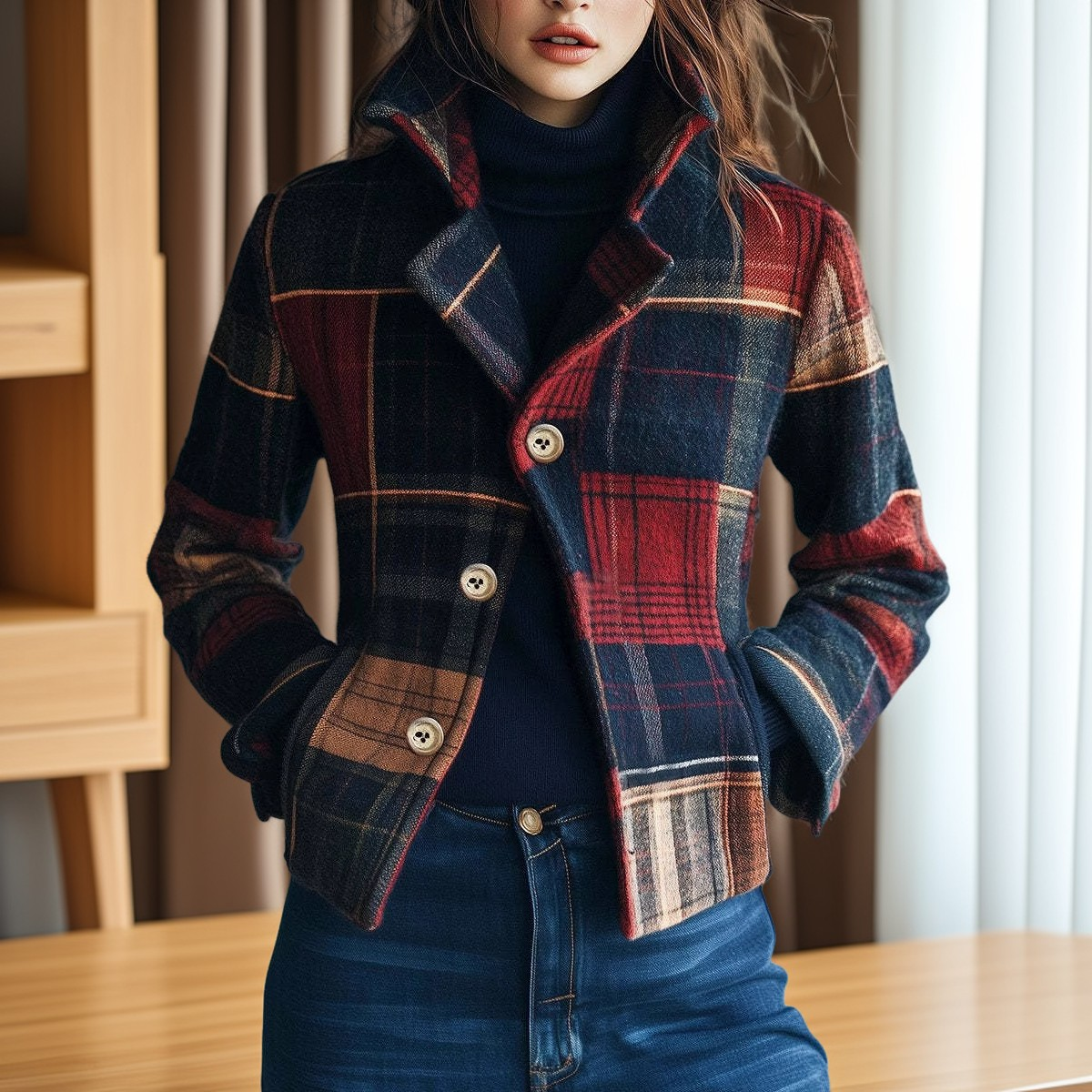 Aubriana - Dámská retro bunda s kostičkovaným vzorem a límcem