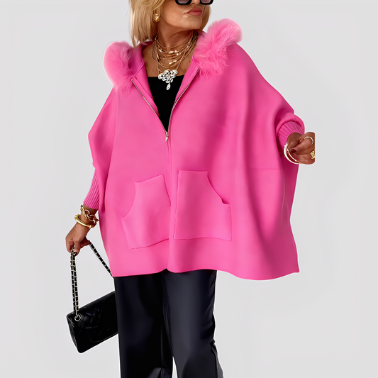 Elvena - Moderní kabát s umělou kožešinou a kapucí pro ženy