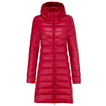 Charlotte - Stylová dlouhá péřová bunda s kapucí pro ženy