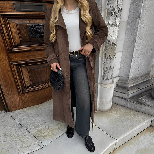 Katrina - Stylový dlouhý dámský kabát s dvěma řadami knoflíků