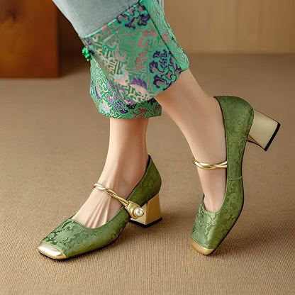 Evelyn - Elegantní, ražené hedvábné sandály na podpatku pro dámy