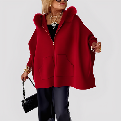 Elvena - Moderní kabát s umělou kožešinou a kapucí pro ženy