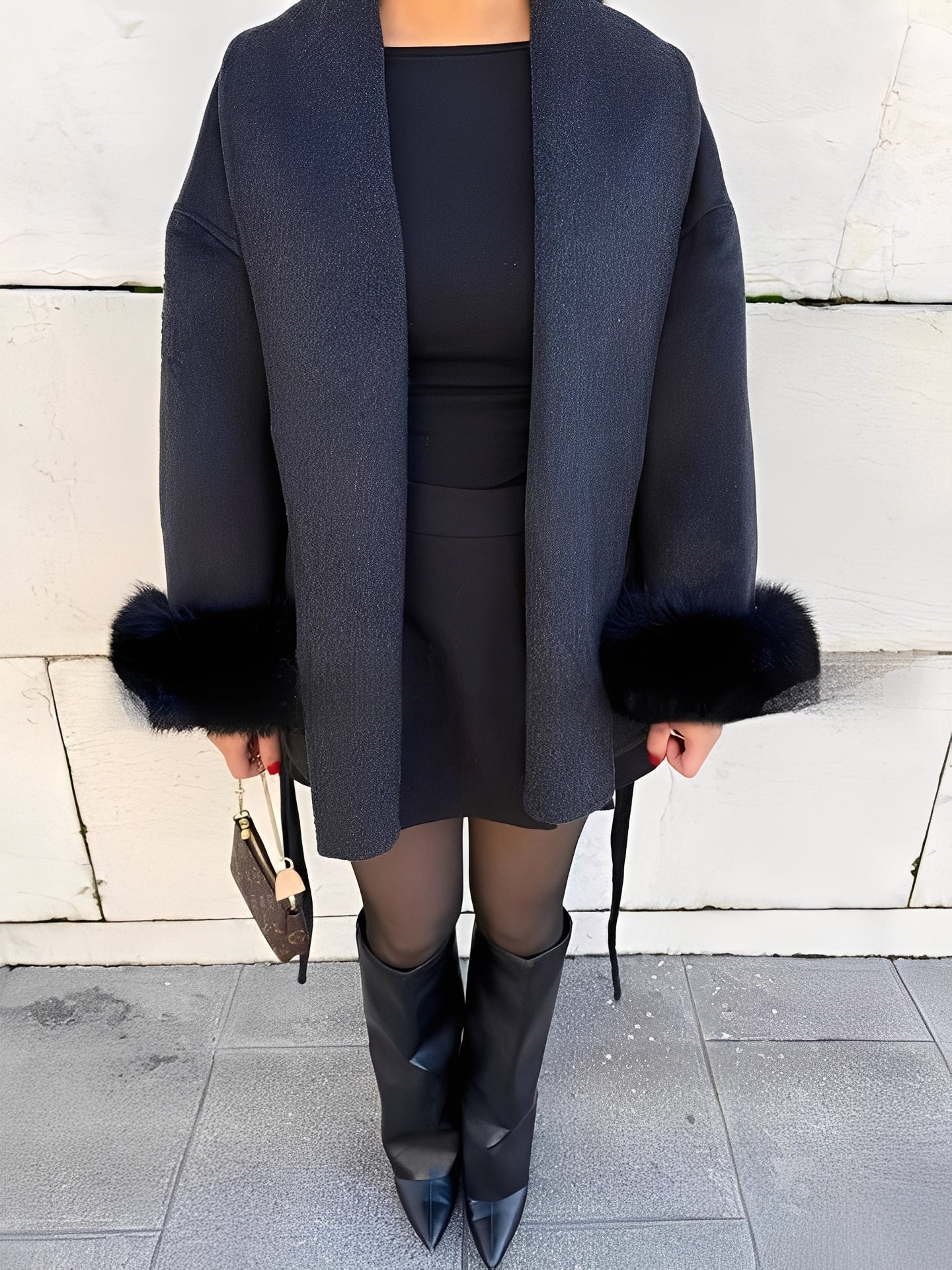 Armani - Elegantní, stylový dámský kabát s kožešinou, dlouhý