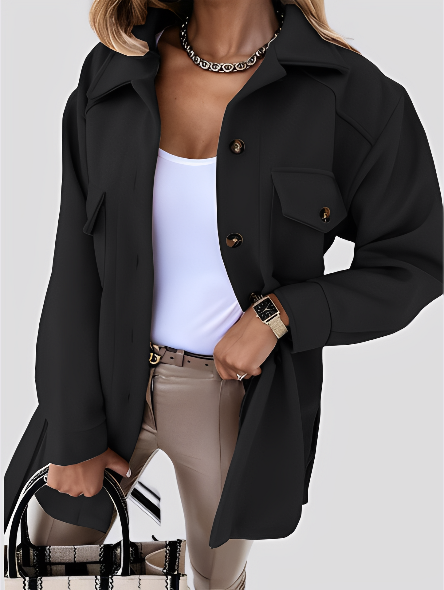 Tiffanie - Lehčí moderní vlněná bunda s obráceným límcem pro ženy