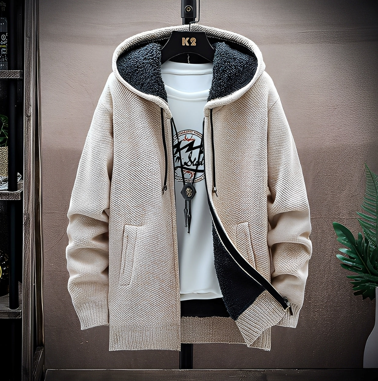 Roni - Moderní pánská pletená mikina s fleecem uvnitř