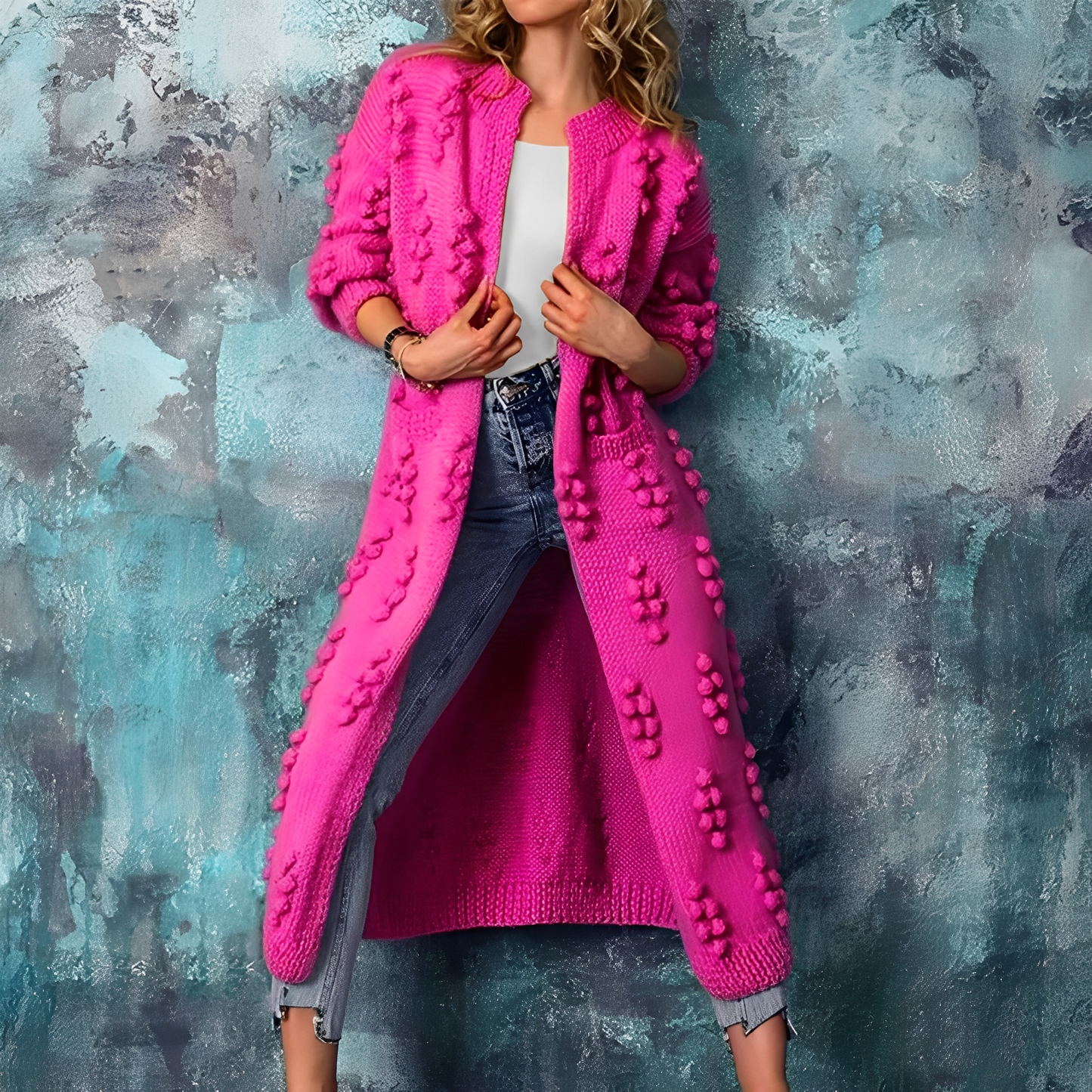 Nancy - Stylový dlouhý svetr s bambulemi pro ženy