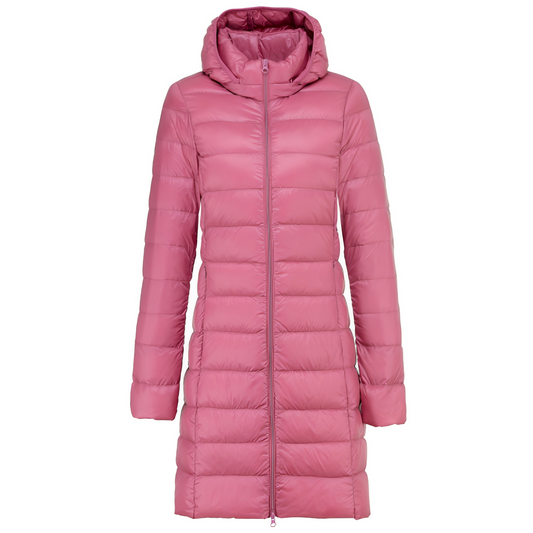 Charlotte - Stylová dlouhá péřová bunda s kapucí pro ženy