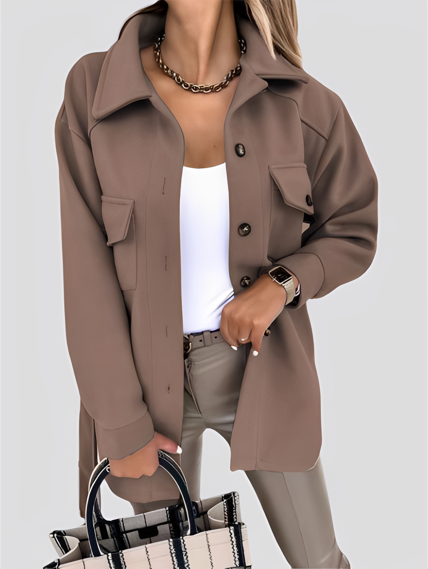 Tiffanie - Lehčí moderní vlněná bunda s obráceným límcem pro ženy