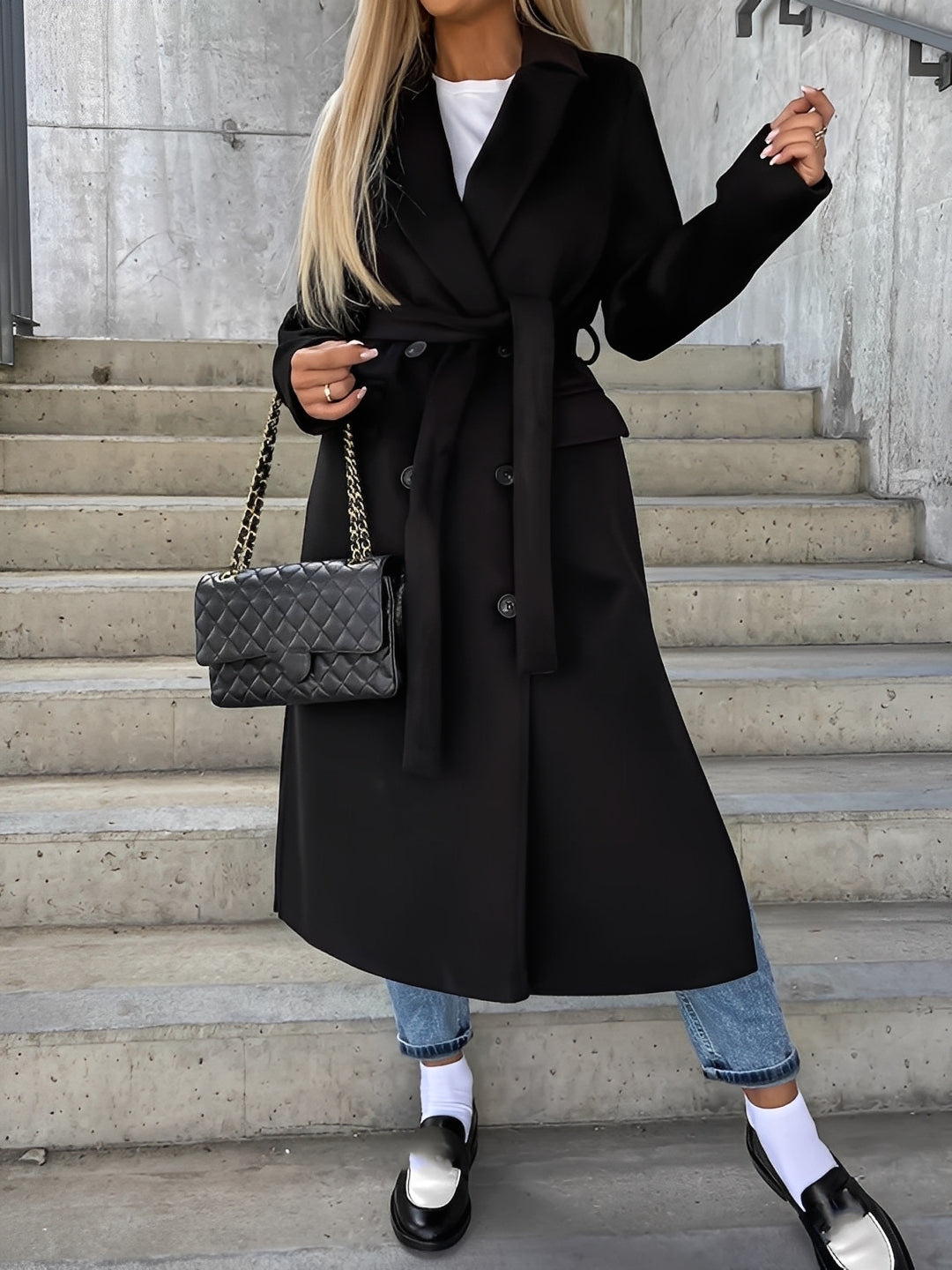 Suzanne - Klasický dvouřadý kabát s páskem pro ženy