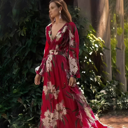 Karine - Dlouhé šaty s V výstřihem pro ženy, plné elegance