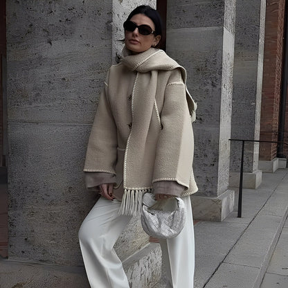 Amilia - Moderní volná vlněná bunda se šálou pro ženy